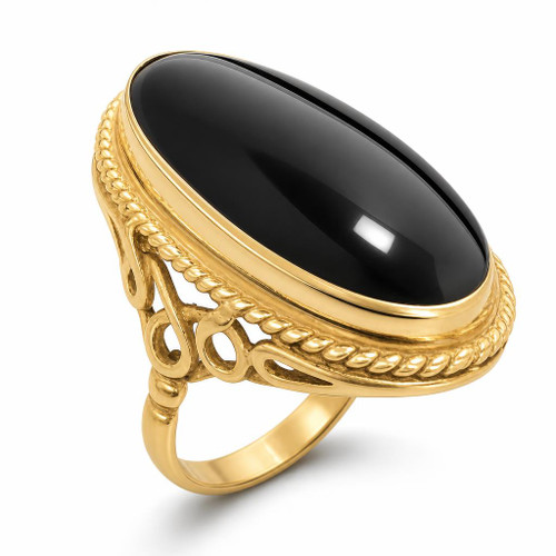 Handmade Extra large 9ct yellow gold elongated oval rope edge statement ring with Whitby Jet black gemstone