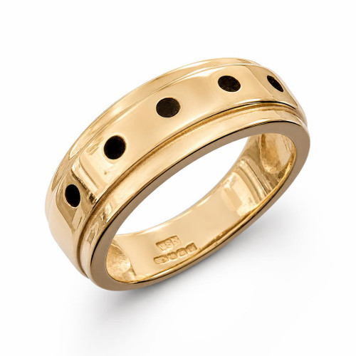 Contemporary handmade 9ct yellow gold wedding band ring with hand cut Whitby Jet dots