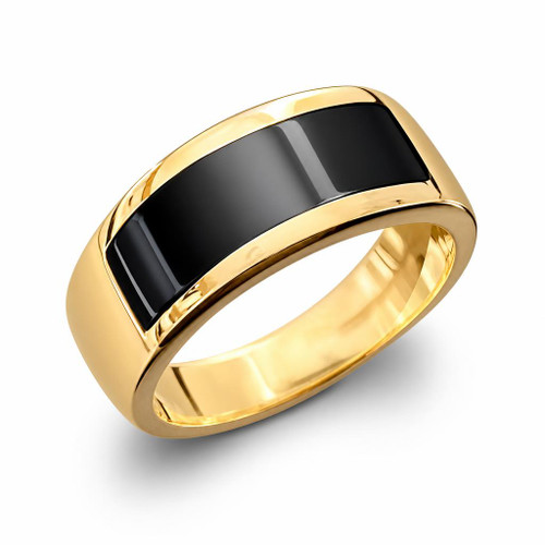 Gents 9ct yellow gold wide band ring with curved oblong Whitby Jet black inlay handmade in Whitby 