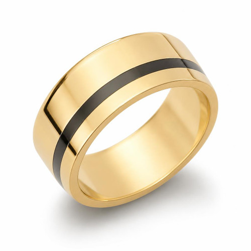 Handmade 18ct yellow gold channel set 8mm wide wedding band ring with Whitby Jet black gemstone inlay
