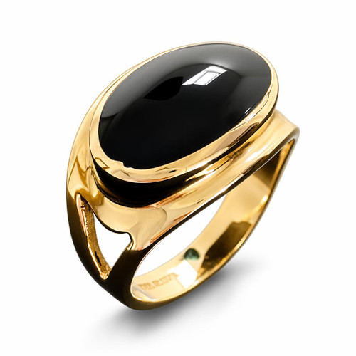 Luxury Handmade 18ct yellow gold large oval Whitby Jet black gemstone ring with split shoulder 