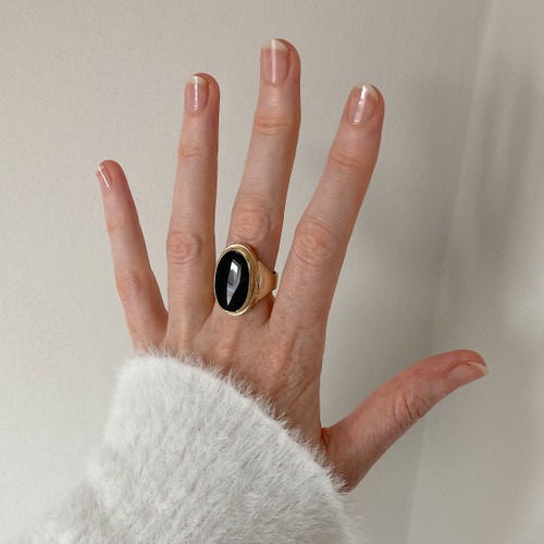 Whitby Jet 18ct Yellow Gold Large Curved Oval Ring 631GR