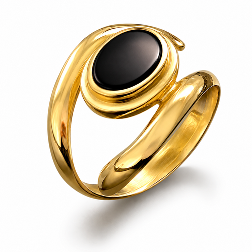 Large 18ct yellow gold open shank curved spiral ring with oval Whitby Jet black gemstone handmade in Whitby 