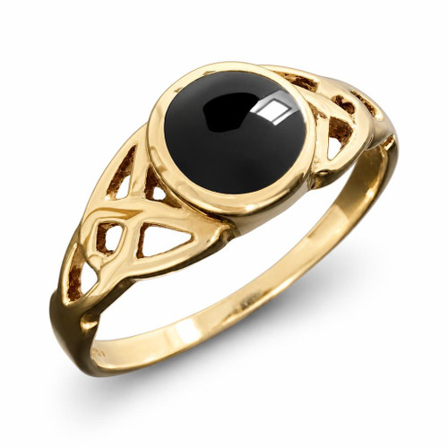 Celtic 18ct yellow gold ring with round Whitby Jet black gemstone handmade in Whitby 