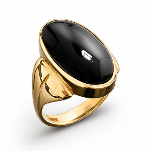 Large 18ct yellow gold ring with wide curved shoulder and oval Whitby Jet black gemstone handmade in Whitby 