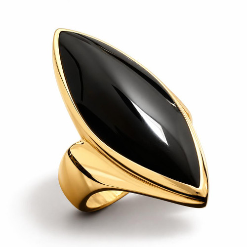 Large handmade 18ct yellow gold marquise ring with Whitby Jet black gemstone