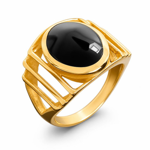 Handmade gents statement 18ct yellow gold open ribbed shoulder ring with shiny Whitby Jet black oval gemstone