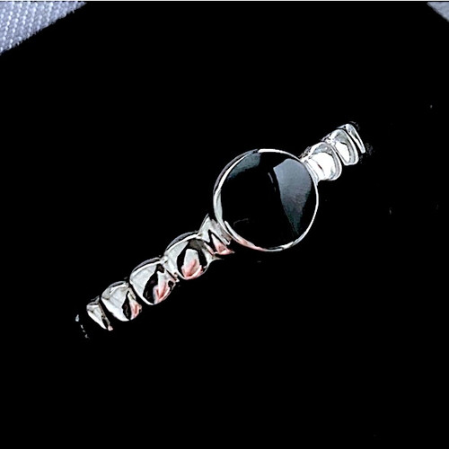 Sterling silver beaded ring with hand carved and polished round Whitby Jet stone