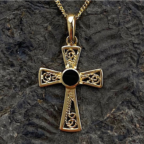 Hand crafted Whitby Jet 9ct yellow gold filigree cross pendant with 18 inch chain Hand crafted Whitby Jet 9ct yellow gold filigree cross pendant with 18 inch chain