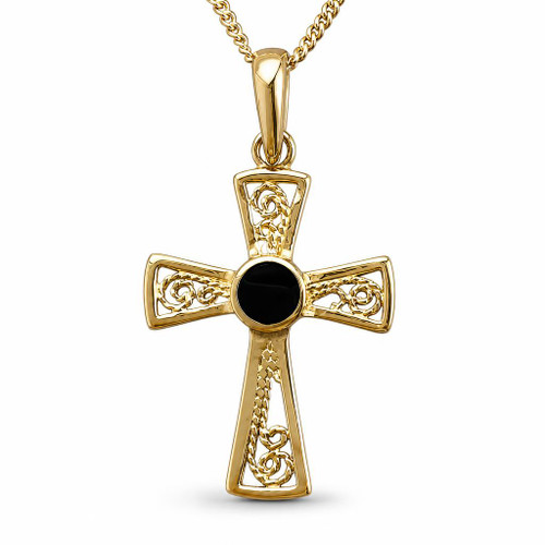 Hand crafted Whitby Jet 9ct yellow gold filigree cross pendant with 18 inch chain