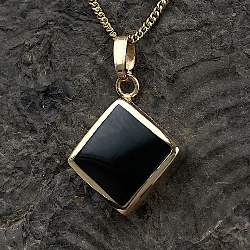 Handmade Whitby Jet 9ct yellow gold square pendant with 18 inch gold curb chain Handmade Whitby Jet 9ct yellow gold square pendant with 18 inch gold curb chain