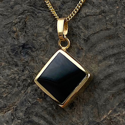 Handmade Whitby Jet 9ct yellow gold square pendant with 18 inch gold curb chain