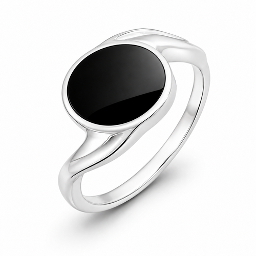 Hand crafted sterling silver offset oval twist ring with black Whitby Jet gemstone 
