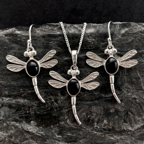 Whitby Jet sterling silver dragonfly matching necklace and earrings set