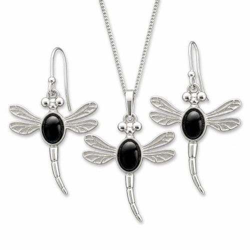 Whitby Jet sterling silver dragonfly matching necklace and earrings set