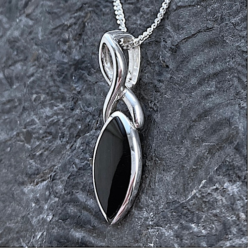 Sterling silver Celtic pendant with marquise cut Whitby Jet