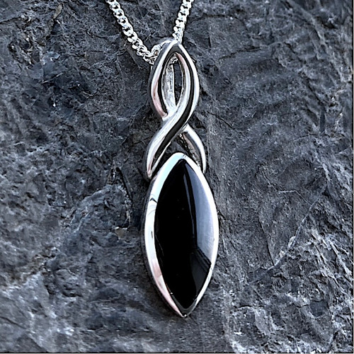 Sterling silver Celtic pendant necklace with marquise cut Whitby Jet stone