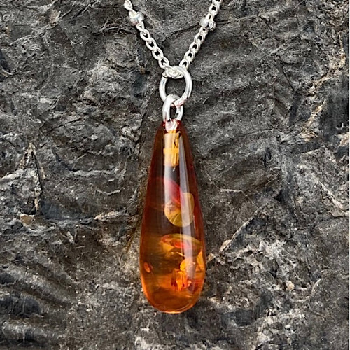 Baltic cognac amber drop pendant on sterling silver satellite chain