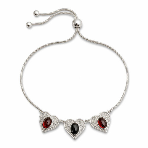 Hand crafted sparkling silver sliding bracelet with black and red natural oval gemstones 