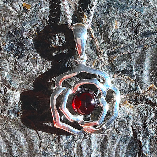 Sterling silver red garnet rose pendant with curb chain Valentine gift