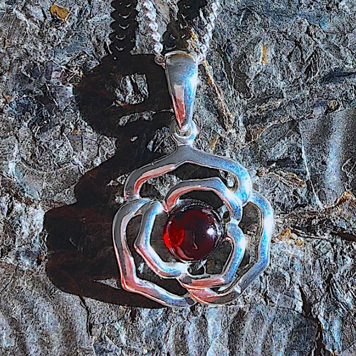 Sterling silver red garnet rose pendant with curb chain Valentine gift