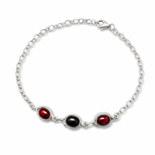 Hand crafted three stone 925 silver bracelet with garnet and jet cabochons