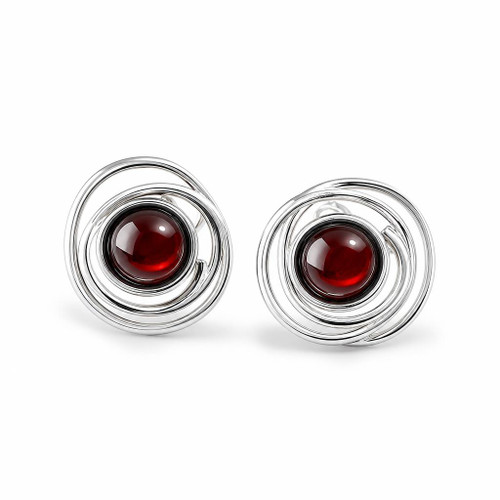Hand crafted round red garnet sterling silver rose stud earrings