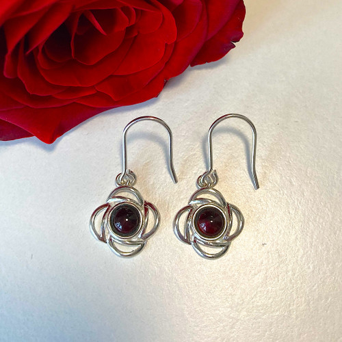 Hand crafted sterling silver red garnet rose drop earrings with gift case