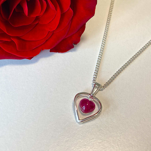 Hand crafted 925 silver open heart necklace with ruby heart shaped cabochon