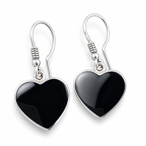Hand crafted large sterling silver Whitby Jet love heart drop earrings with gift box