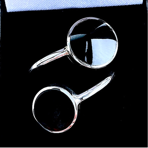 Hand crafted large Whitby Jet sterling silver two round stone open ring in gift box