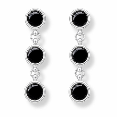 Contemporary 925 silver drop earrings with three round shiny Whitby Jet black gemstones