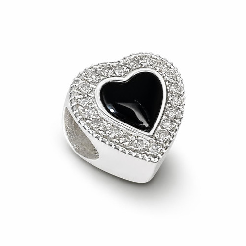 Hand crafted 925 sterling silver Whitby Jet cubic zirconia heart charm bead for bracelet