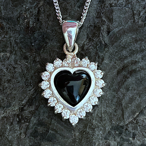 Hand crafted sterling silver Whitby Jet cubic zirconia heart pendant necklace with gift box