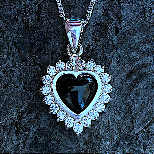 Hand crafted sterling silver Whitby Jet cubic zirconia heart pendant necklace with gift box