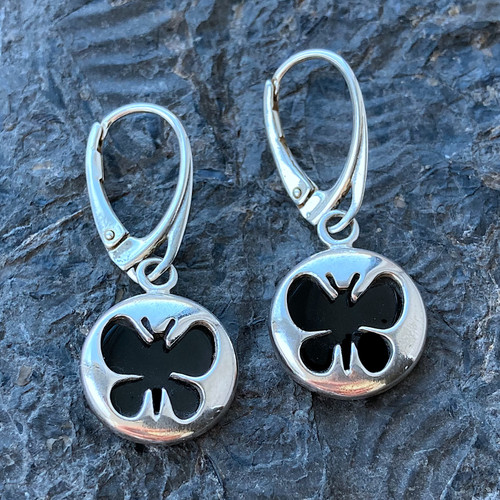 Hand crafted sterling silver Whitby Jet butterfly drop earrings with gift case