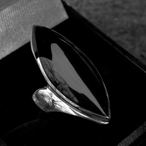 Handmade unique platinum marquise shaped Whitby Jet statement ring