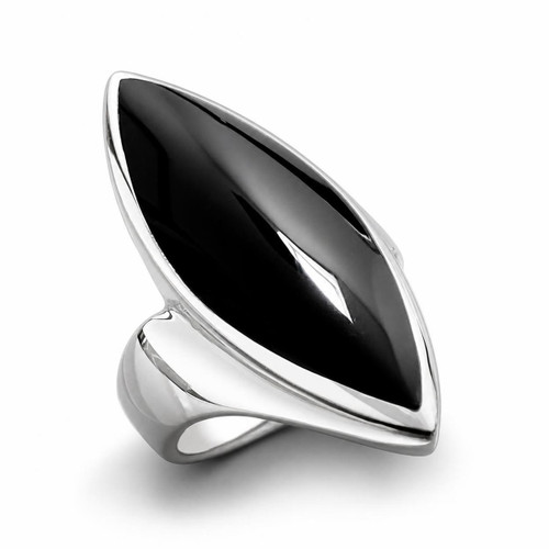 Extra large handmade platinum statement ring with curved marquise black Whitby Jet gemstone
