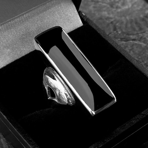 Handmade platinum ring with long rectangular Whitby Jet stone