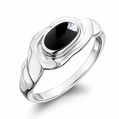 Luxury platinum curved edge ring with elongated oval black Whitby Jet gemstone handmade in Whitby 