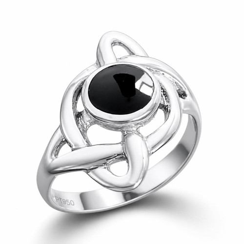 Celtic handmade offset platinum ring with hand cut polished round black Whitby Jet gemstone