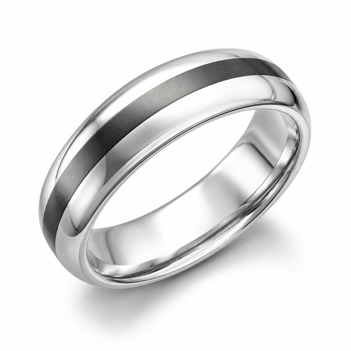Platinum gents handmade 6mm wide wedding band ring inlaid with 2mm continuous line of black Whitby Jet gemstone 