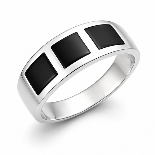 Handmade sterling silver wide band ring inlaid with three square black Whitby Jet gemstones 