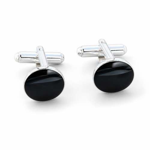 925 silver gents swivel bar cufflinks with hand carved circular shiny black natural gemstones
