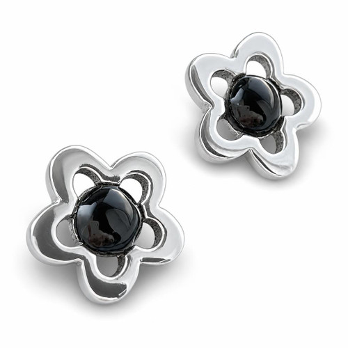 Hand crafted 925 sterling silver Whitby Jet flower stud earrings in gift box