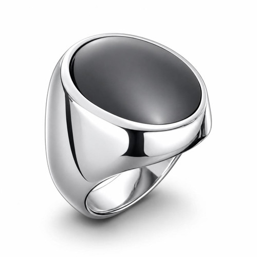 Handmade luxury platinum gents smooth signet ring with hand carved oval black Whitby Jet gemstone 