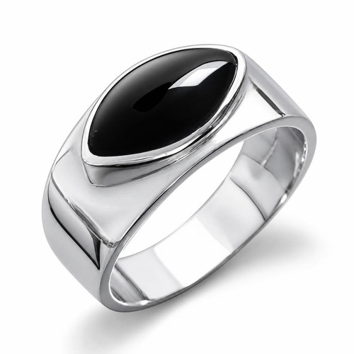 Luxury handmade platinum mens wide band ring with marquise black Whitby Jet gemstone