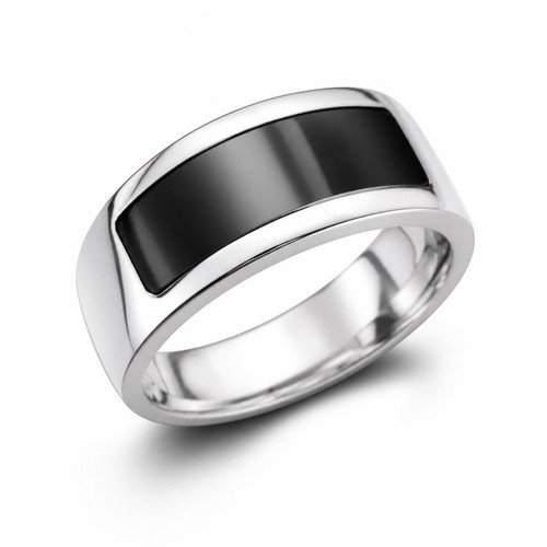 Mens handmade platinum wide band ring inlaid with curved oblong black Whitby Jet gemstone