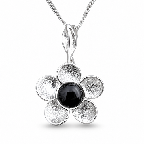 Hand crafted contemporary sterling silver Whitby Jet flower pendant necklace