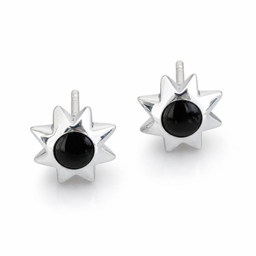 Contemporary sterling silver star stud earrings with hand carved Whitby Jet